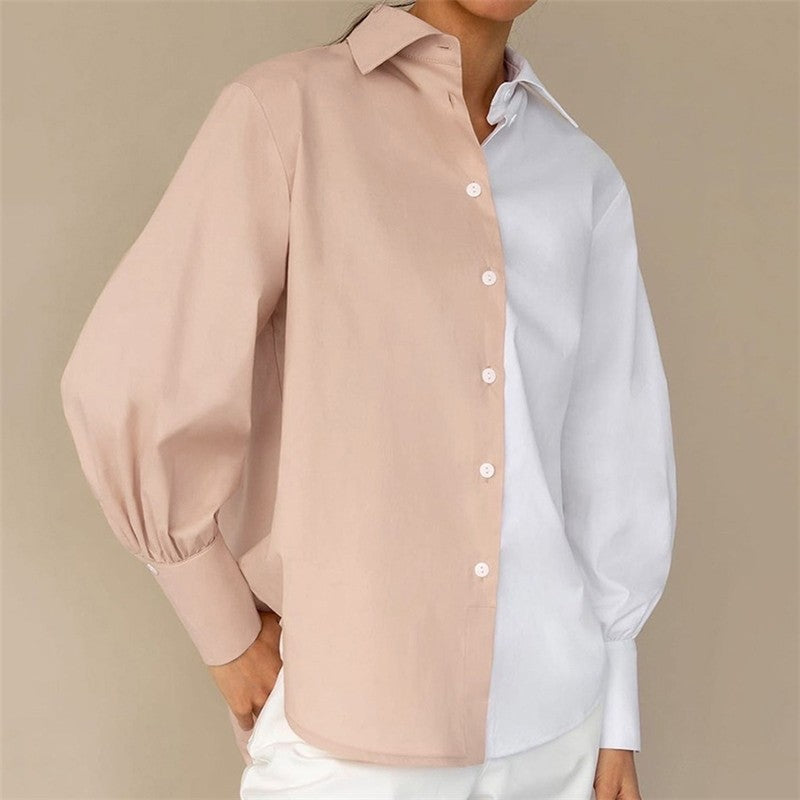 Contrast Color Lapel Long Sleeve Single Breasted Blouse