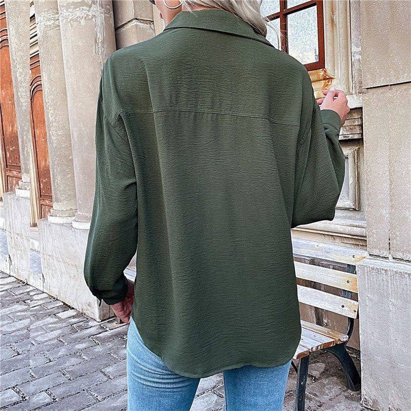 Army Green Casual Lapel Buttoned Blouse