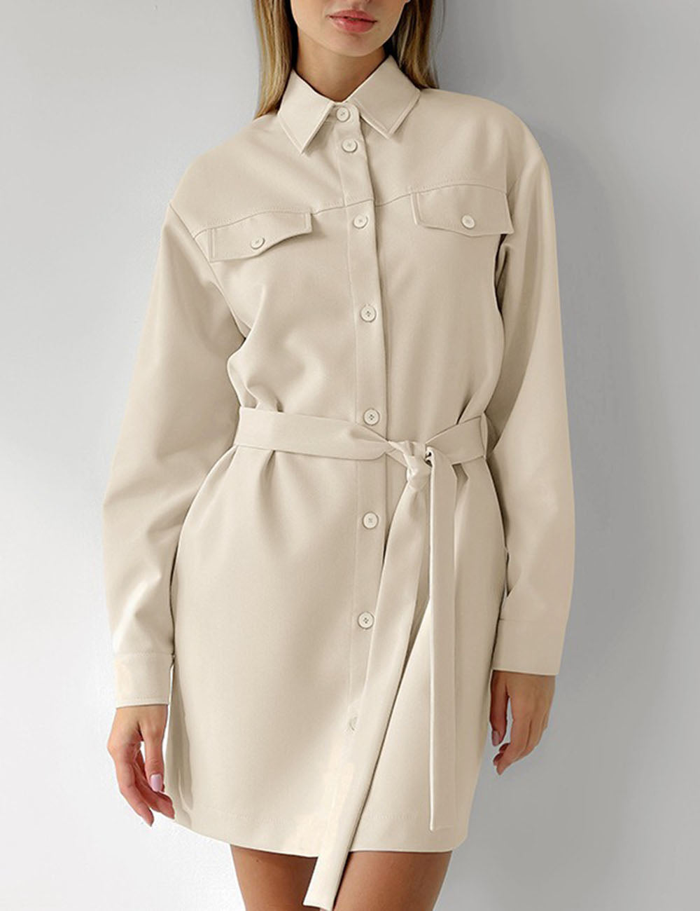 Belted Drop Shoulders Pockets Shirt Mini Dress