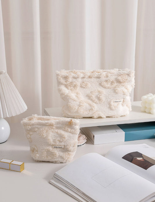 White Plushed Love Jacquard Make Up Bag