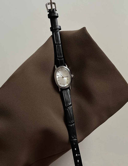 Elegant Small Oval Dial Leather Strap Quartz Watch