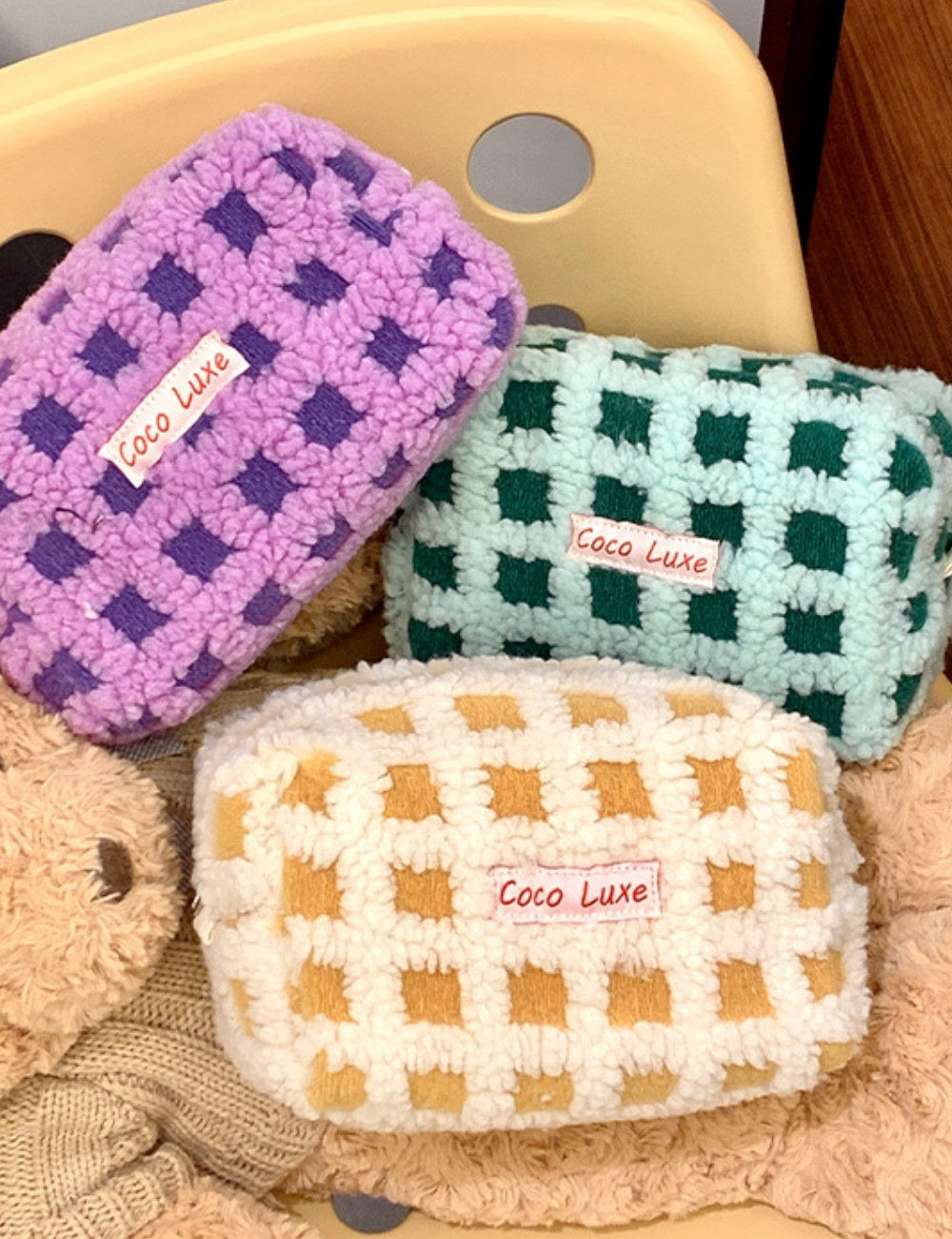 Waffle Checkerboard Plush Makeup Bag