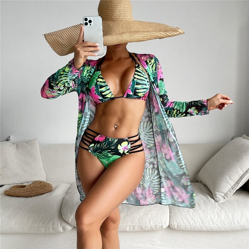 Split Three Piece Long Sleeve Bikini Swimsuit