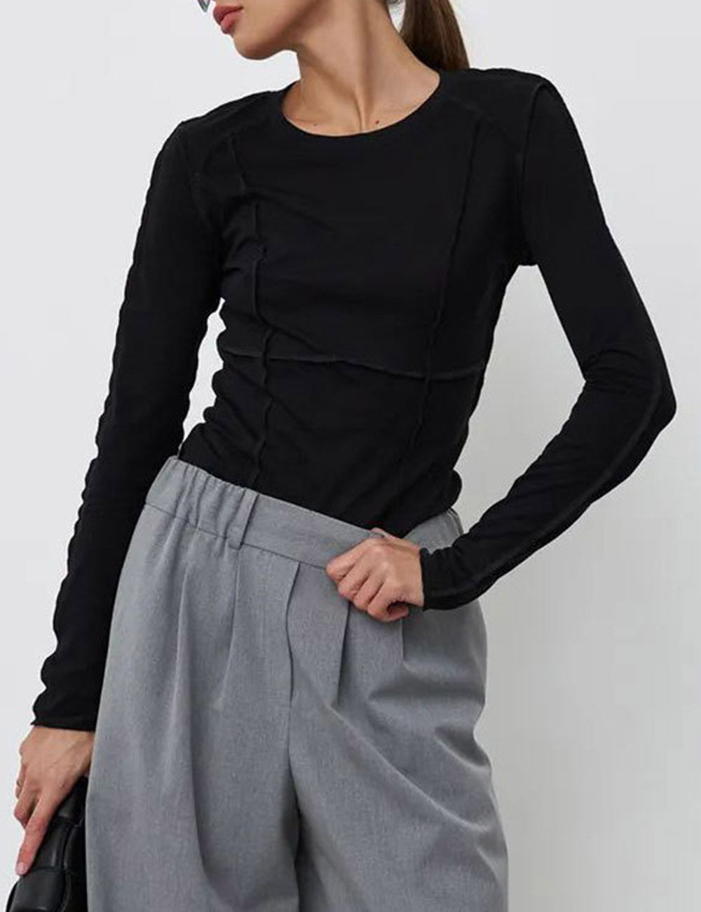 Elegant Splice Round Neck Long Sleeve Top