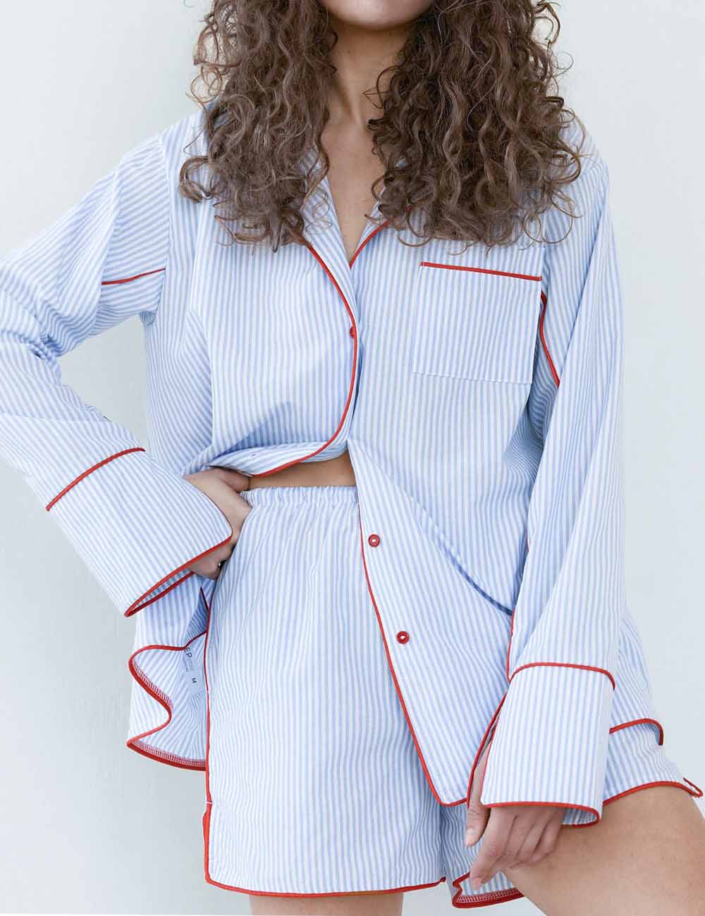 Striped Long Sleeve Cardigan Shorts Sleepwear Set