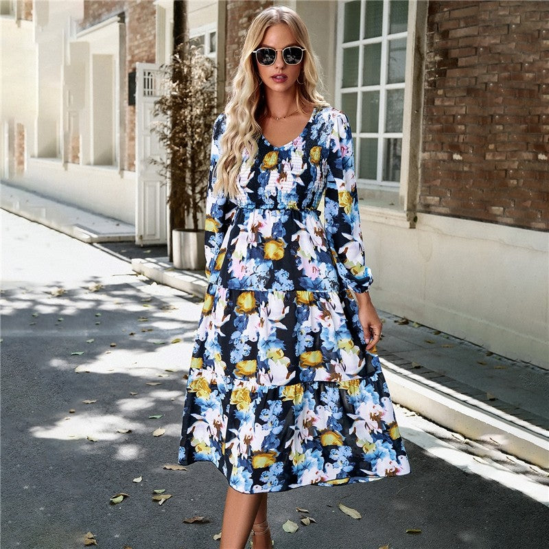 V Neck Print Nine Quarter Sleeve Dress