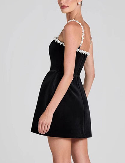Pearl Spaghetti Velvet A-Line Mini Dress
