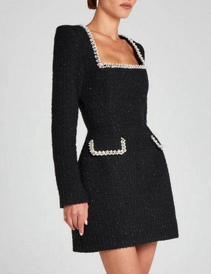 U-Neck Elegant Pearl Tweed Mini Dress
