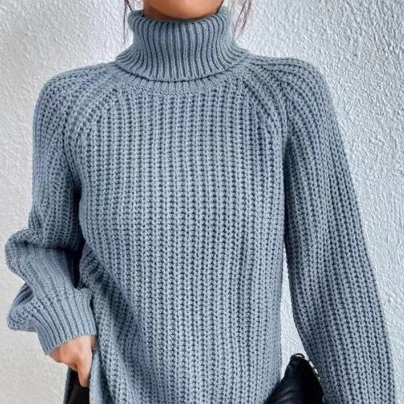 High Collar Raglan Sleeve Sweater Mid-Length Slit Hem Sweater