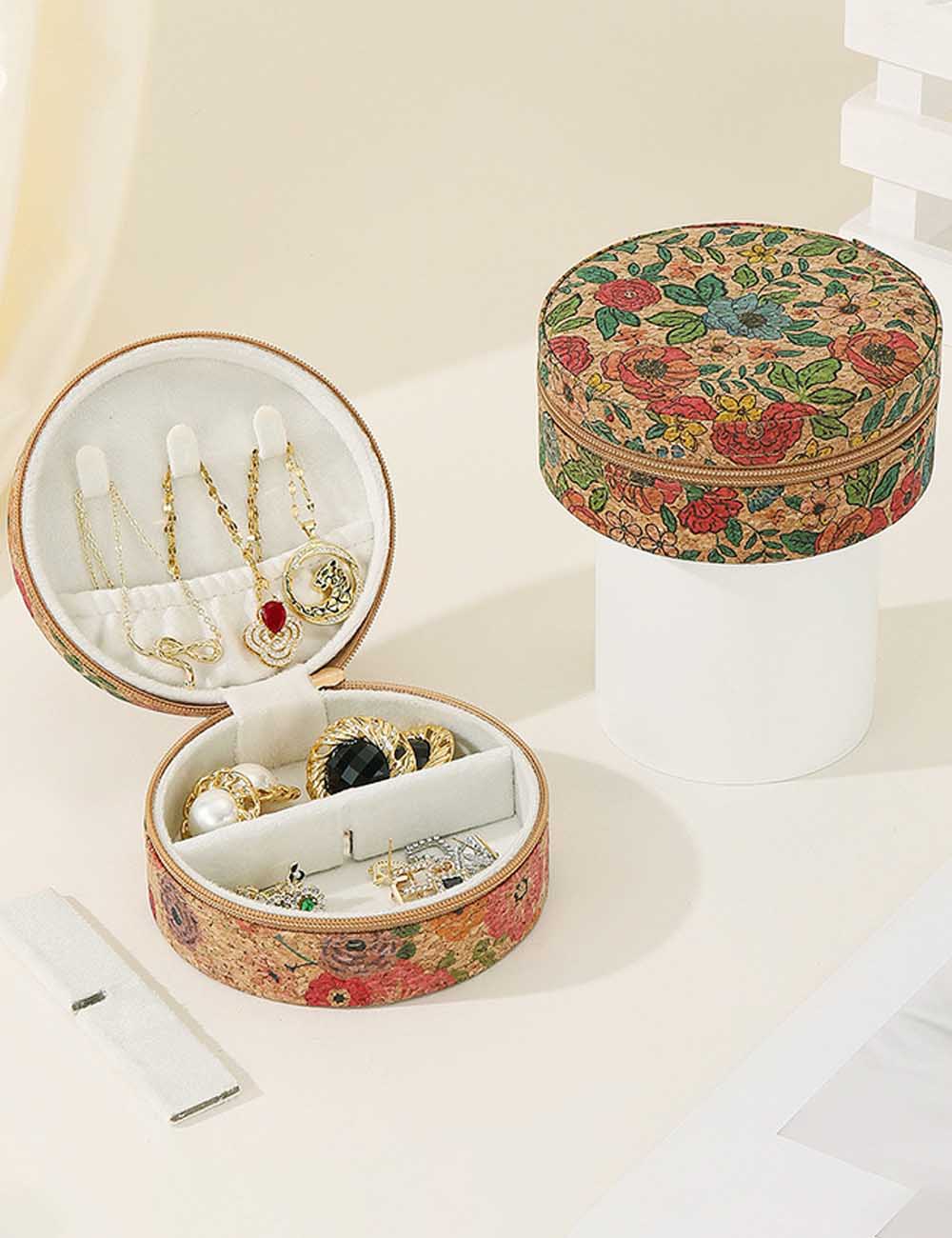 Vintage Flower Print Round Wooden Jewelry Case