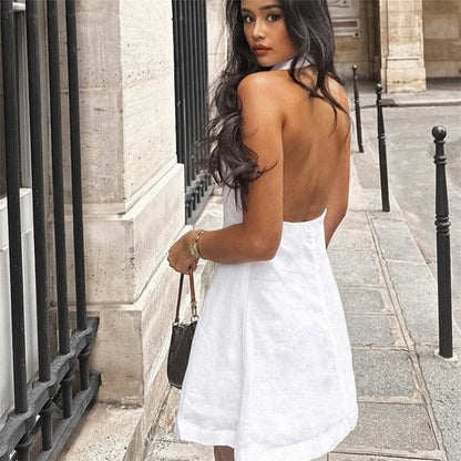 White V Neck Backless A Line Mini Dress