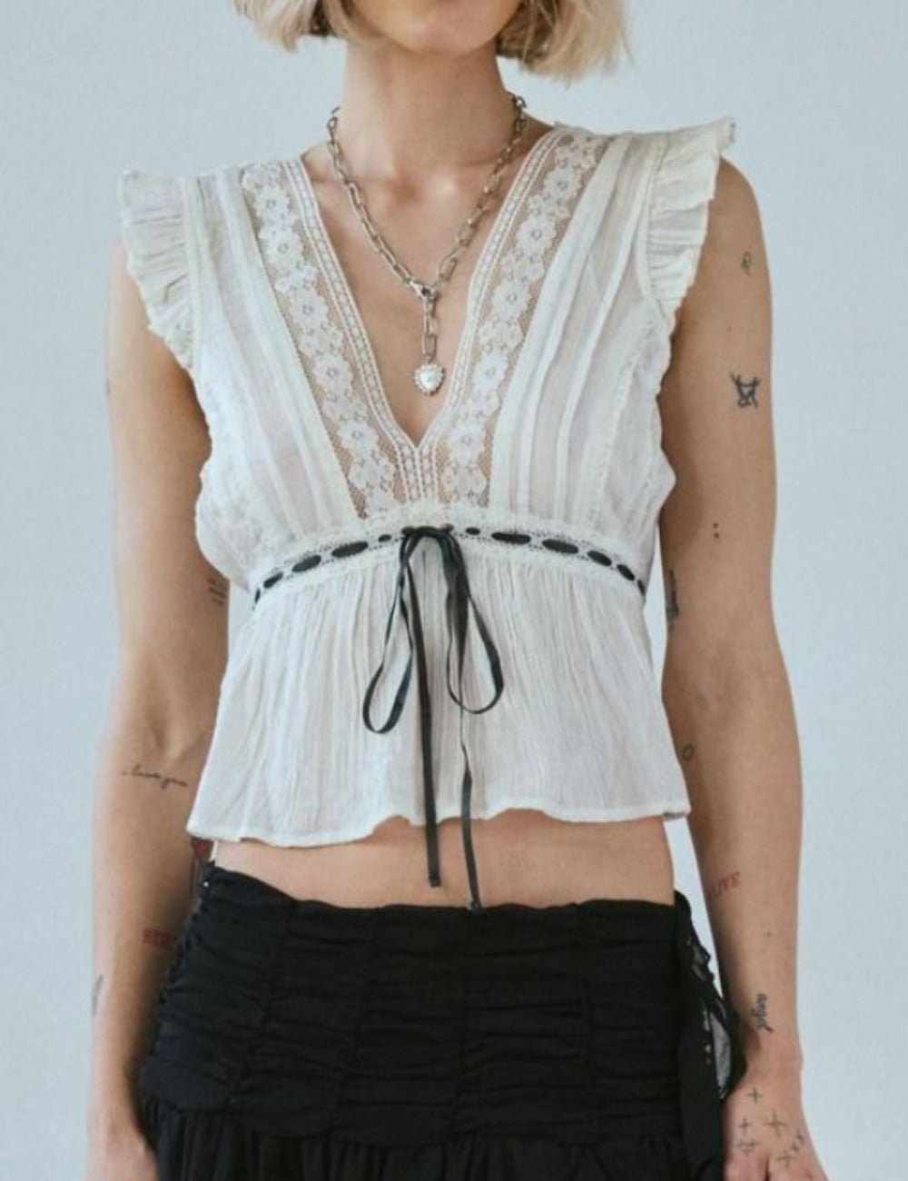 Simple V-Neck Lace Tie Waist Top