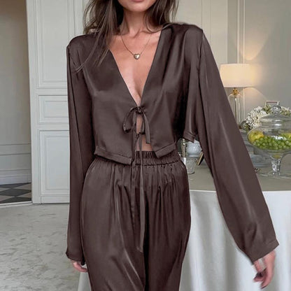 2 Piece Satin Tie Front Longewear Pajamas Set