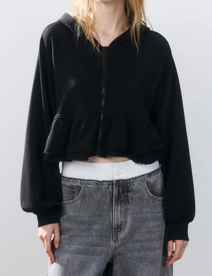 Solid Color Ruffle Trim Zip-Up Hoodie Sweatshirt