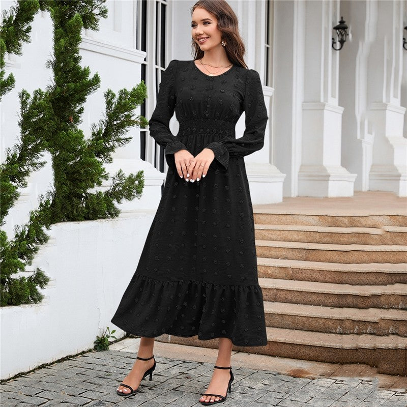 Ladies V Neck Long Sleeve Dress Jacquard Waist Neck Dress