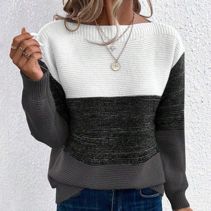 Knitted Sweater Color Block Round Neck Long Sleeve