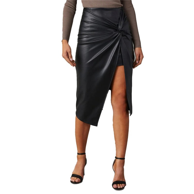 PU High Waist Split Midi Pencil Skirt