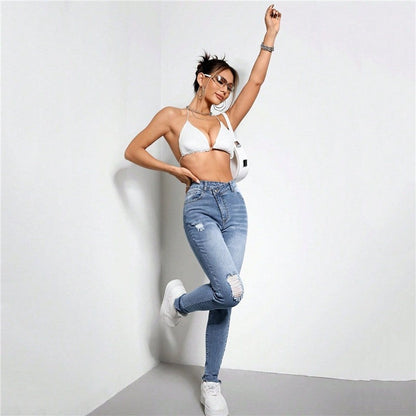 Stretch Ripped Diagonal Zippered High-Waist Slim Fit Skinny Jeans