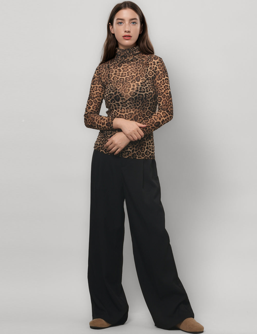 Leopard Print HIgh Collar Slim Fit Sexy Mesh Top