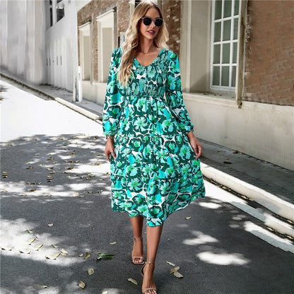 V Neck Print Nine Quarter Sleeve Dress