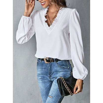 Long Sleeves Loose Ruffled Solid Color V-Neck Blouses&Shirts Tops