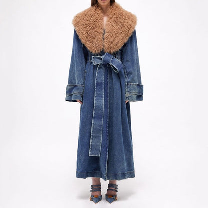Detachable Fur Collar Long Denim Coat