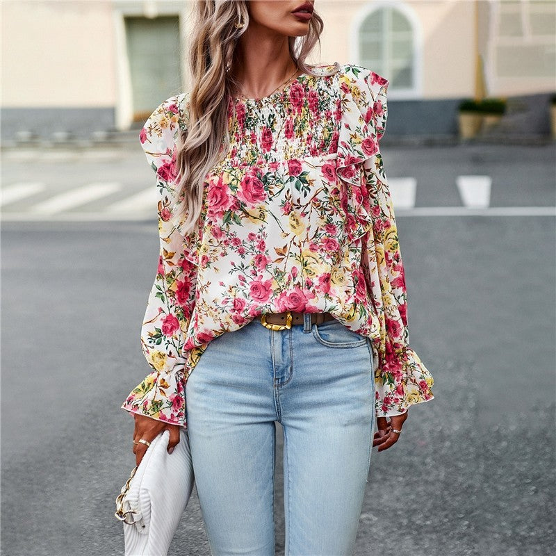 Crewneck Long Sleeves Floral Printed Casual Loose Blouse Top