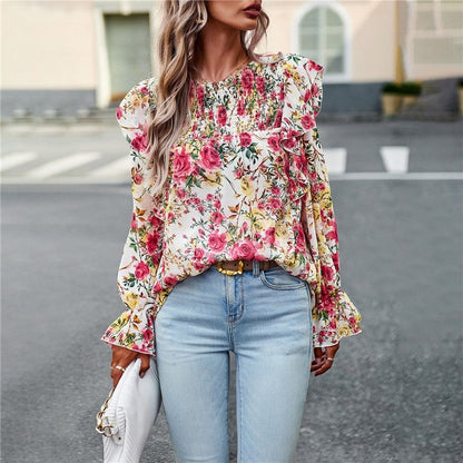 Crewneck Long Sleeves Floral Printed Casual Loose Blouse Top