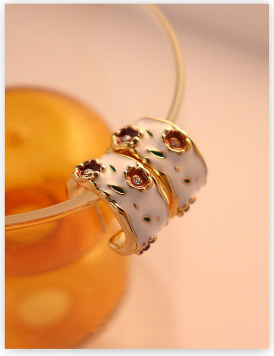 Vintage Flower Drip Glaze Enamel Hoop Earrings