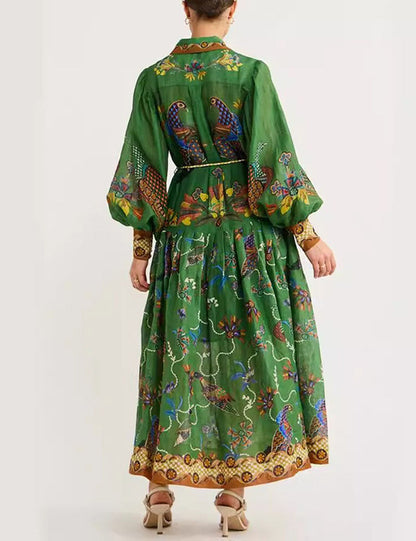 Peacock Print Lapel Buttons Maxi Dresses