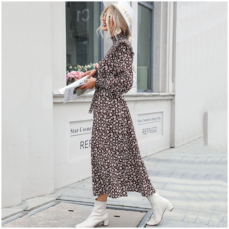 High Neck Petal Sleeves Lace-Up Printed Long Dress