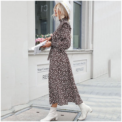 High Neck Petal Sleeves Lace-Up Printed Long Dress