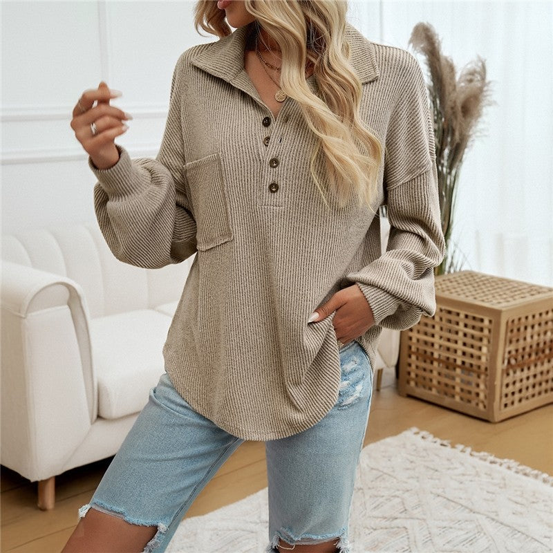 Orange Casual Turn-Down Collar Knit Sweater