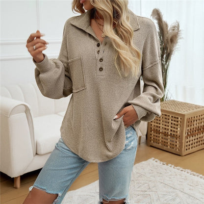 Orange Casual Turn-Down Collar Knit Sweater