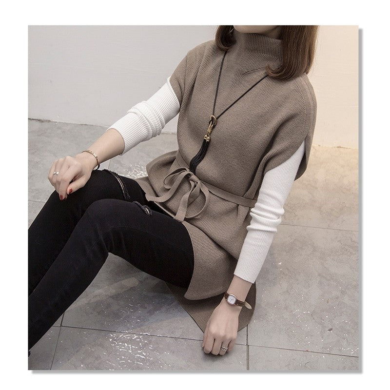 Half Turtleneck Solid Color Sleeveless Bandage Casual Loose Knitted Vest