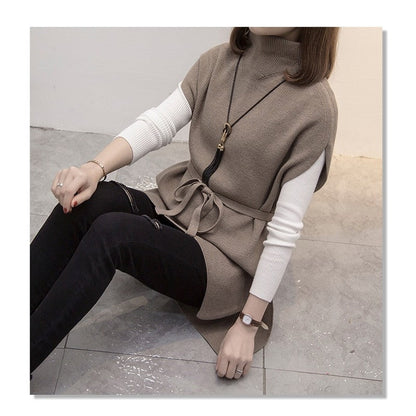 Half Turtleneck Solid Color Sleeveless Bandage Casual Loose Knitted Vest