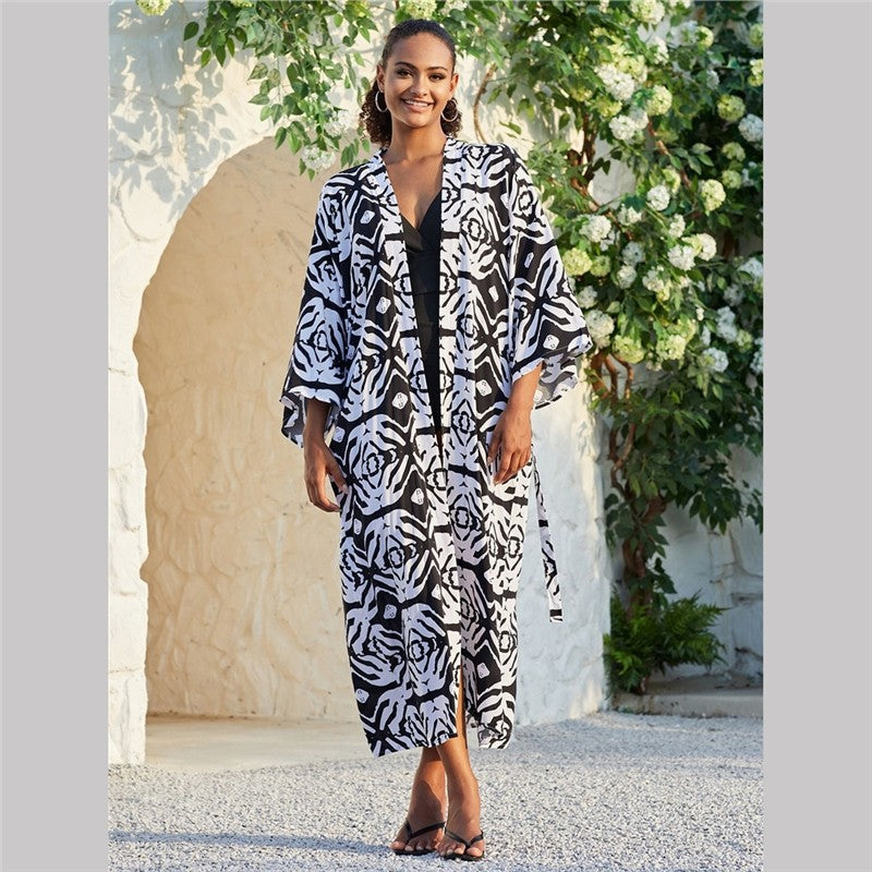 Long-Sleeve Printed Loose-Fit  Cover-Up
