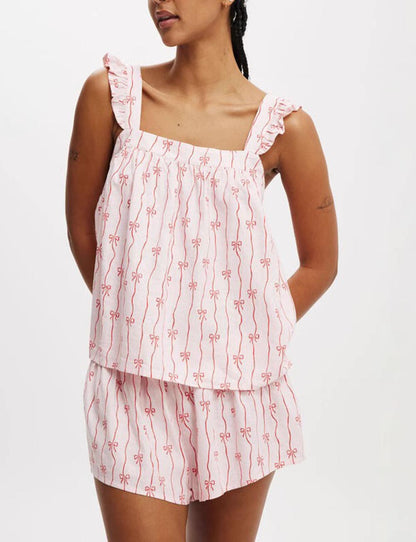 Sweet Bow Print Ruffle Loungewear Set