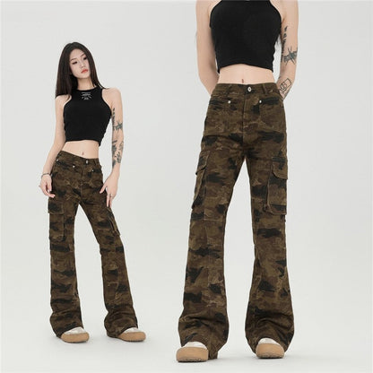 Slim Camouflage Cargo Flared Pants