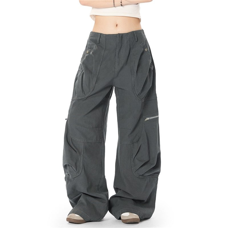 Pleated Cargo Pocket Straight Wide Leg Pants