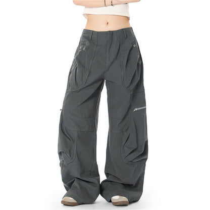 Pleated Cargo Pocket Straight Wide Leg Pants