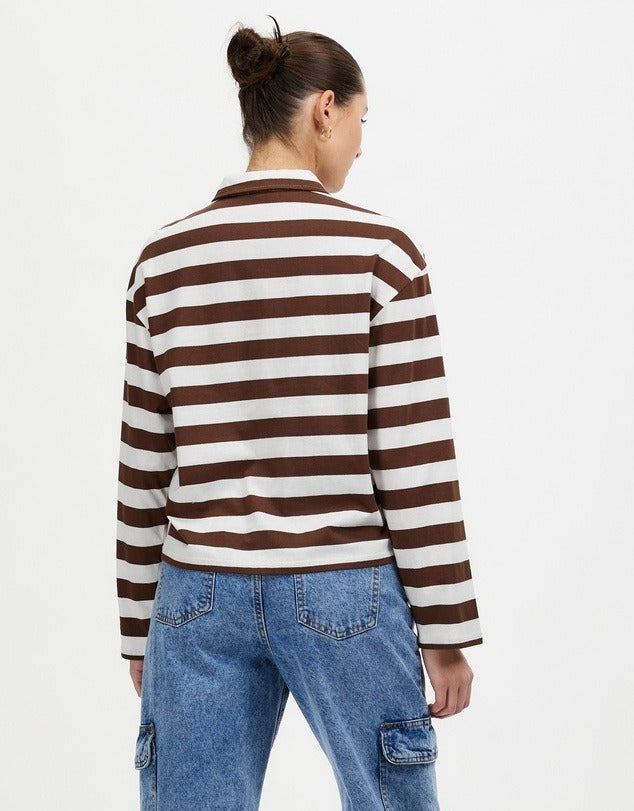 Cozy Striped Lapel Zip Polo Sweatshirt