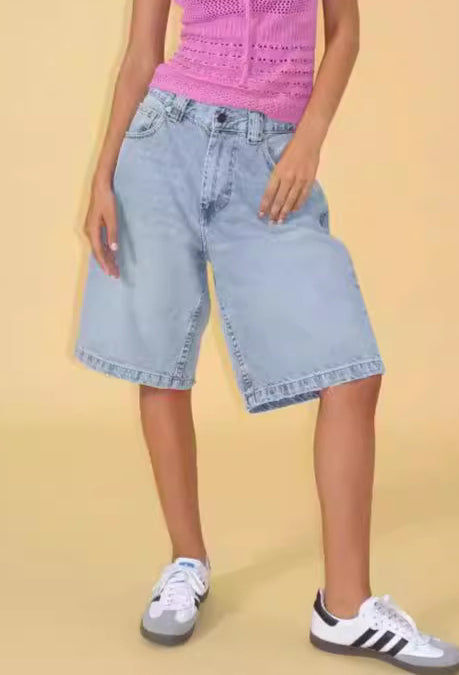 Washed Loose Denim Bermuda Shorts