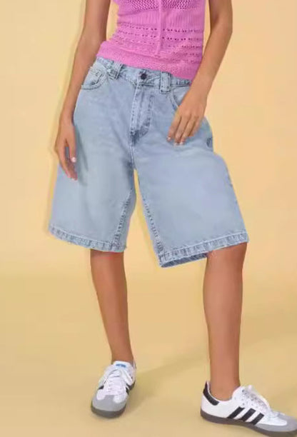 Washed Loose Denim Bermuda Shorts