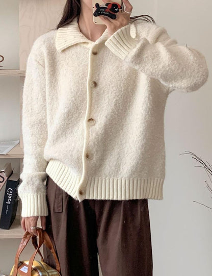 Casual Lapel Collar Long Sleeve Fuzzy Cardigan