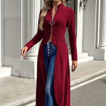 Stylish Irregular Long Sleeve Solid Color Trench Coat