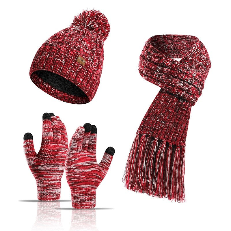 Three-Piece Set Of Color Hat Thick Scarf Touch Screen Gloves