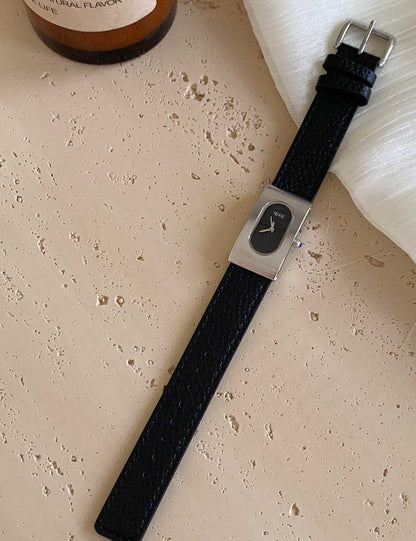 Rectangular Steel Dial Leather Strap Watch