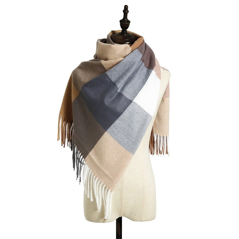 Plaid Print Striped Tasseled Shawl Scarf