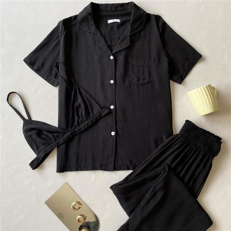 Solid Color Short Sleeve Cardigan Home Wear Three-Piece Set